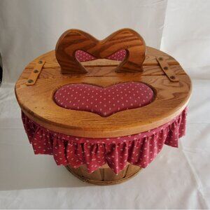 Vintage Wooden Sewing Basket Flip Top Heart Handle Fabric Liner Red RARE